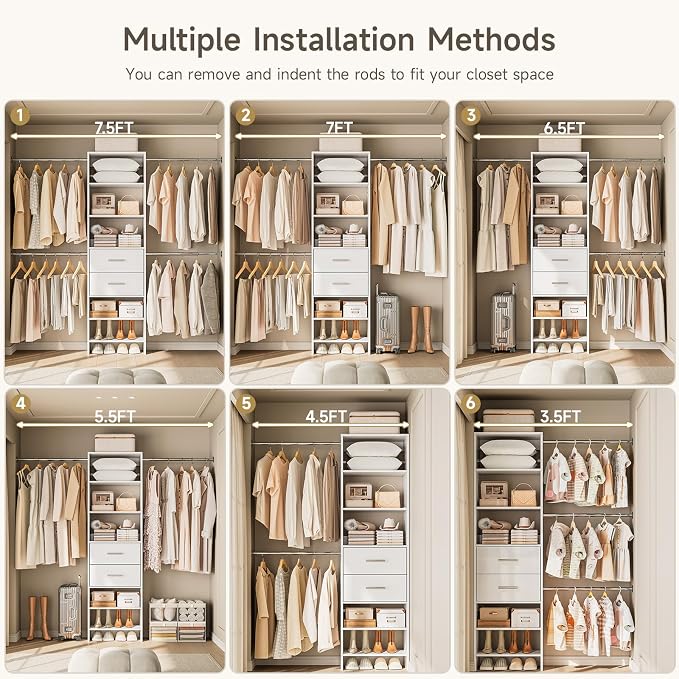 W2 Closet System with 2 Drawers, 3.5FT-7.7FT Closet Organizer System with 4 Chrome-Plated Telescopic Rods & 5 Adjustable Shelves, Custom Wood Walk-In Closet Clothing Rack, White