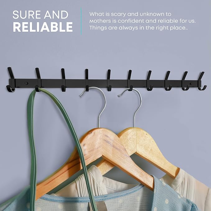Coat Rack Wall Mount – 30 Inch Stainless Steel Hook Rail with 10 Double Coat Hooks for Hanging – Wall Mounted Entryway Organizer for Coats, Hats, Bags, Towels, Robes, Closet or Bathroom - Black 2 Pack