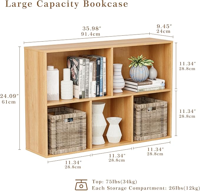 VDNEND Wooden Cube Storage Organizer with Closed Back Panel, 11in Cube Shelf Opening, Bookshelf, Display Shelf,Closet Cabinet for Home and Office (Natural Oak, 5-Cube 35.98L*9.45W*24.09H)