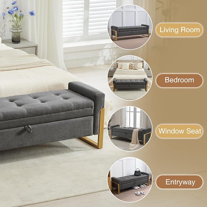 adochr 57" Storage Ottoman Bench, Upholstered End of Bed Bench, Dark Grey | Metal Legs & Button-Tufted, Linen Ottoman with Storage 500 lb Capacity for Living Room, Bedroom, Entryway