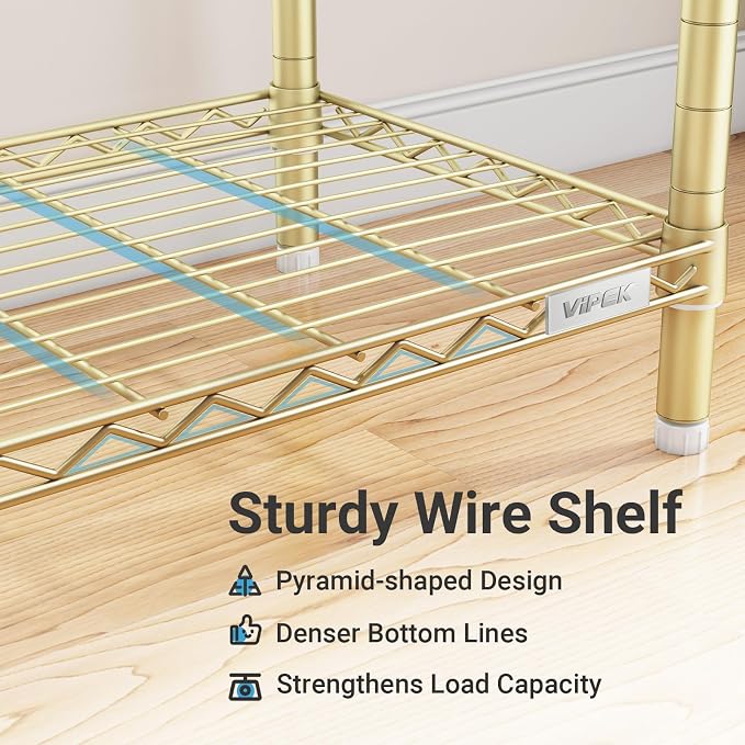 VIPEK V50 Modern Clothing Rack with Adjustable Shelves, Gold | Extra Large Freestanding Garment Rack with 1300 Lb Capacity, 10 Shelves & 4 Rods, Gold Finish, Dressing Room/Boutique Display