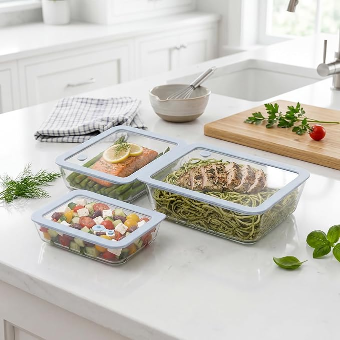 Glass Food Container Set with Silicone Glass Lid, 3 Pack, Airtight, LeakProof, 100% Plastic Free, Meal Prep Food Storage Containers