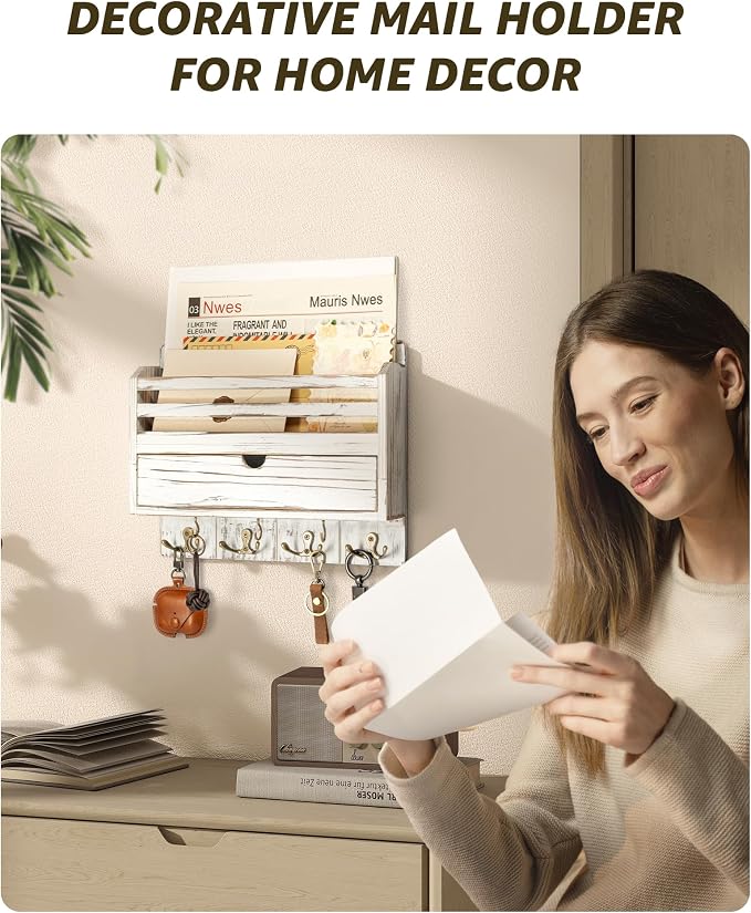 Rebee Vision Mail Organizer Wall Mount with Drawer for Entryway, Whitewash | Key and Mail Holder for Wall, 7 Key Hooks, Drawer Storage, Mail Sorter, Key Hanger Home Organization, Apartment Essentials