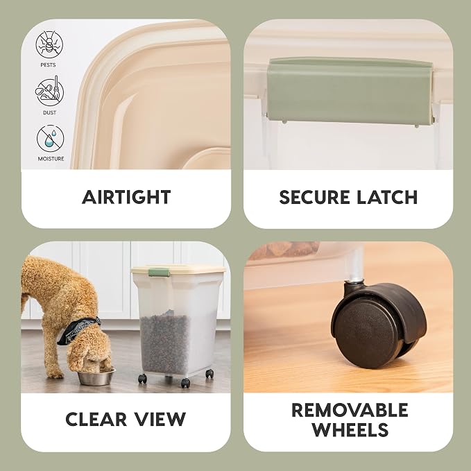 IRIS USA Dog Food Storage Container 58 lbs, Attachable Wheels, for Dog Cat Birds and other Pets, Food Storage Bin, Keep Fresh, Easy Mobility, BPA Free - Made in the USA, Almond/Clear
