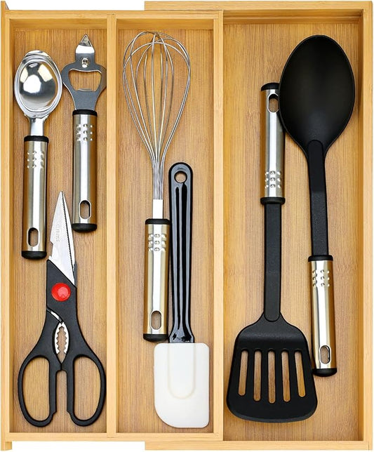 Large Bamboo Kitchen Utensil Drawer Organizer Expandable Silverware Tray | Big Cooking Utensil Drawer Divider Spoon Flatware Organizer Storage Adjustable Wooden Cutlery Holder Tool Knife Spatula Tray