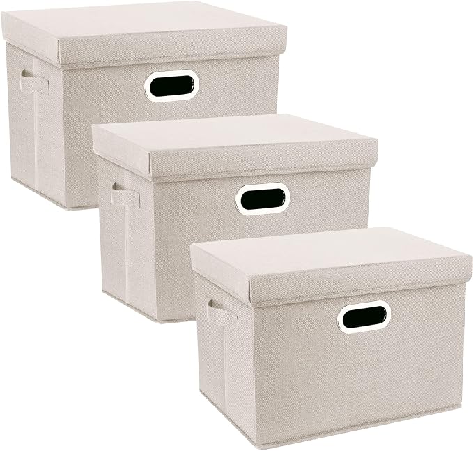 Large Storage Bins with Lids, Collapsible, Washable, Fabric Storage Boxes for Organizing, 17.3x11.8x11.4 inches, 3 Pack, Beige