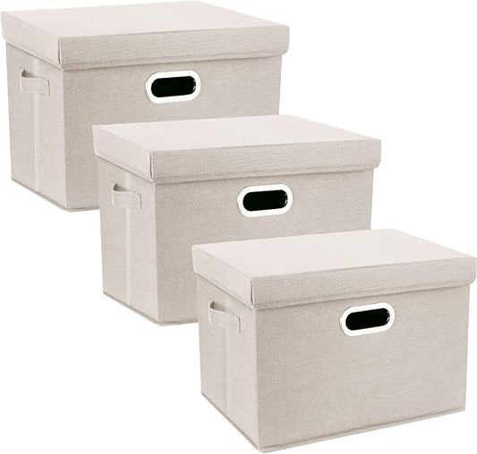 Large Storage Bins with Lids, Collapsible, Washable, Fabric Storage Boxes for Organizing, 17.3x11.8x11.4 inches, 3 Pack, Beige