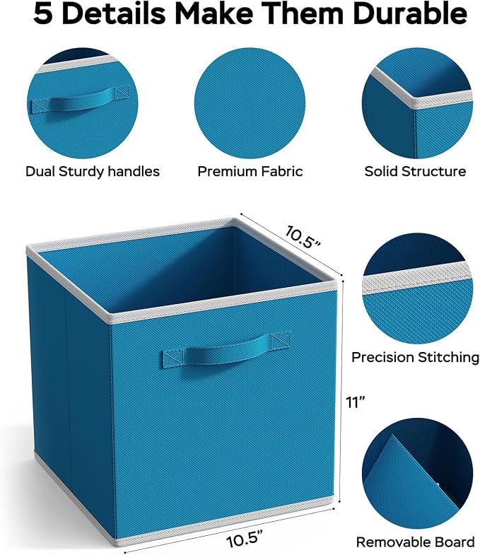 MAX Houser Fabric Cloth Storage Bins,Foldable Storage Cubes Organizer Baskets with Dual Handles for Home Bedroom Storage,Set of 6(Blue)