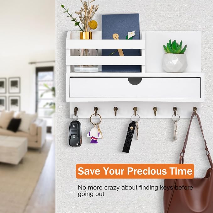 dreampossible Key and Mail Holder for Wall, Mail Organizer Wall Mount with 6 Hooks and Storage Drawer, Wooden Key Rack Hanger with Shelf for Entryway and Home Decor