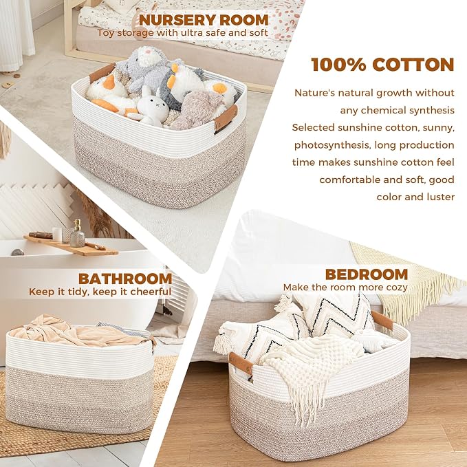 danpinera Blanket Basket, 72L Woven Storage basket with Leather Handle, Eco-friendly Decorative Storage Organization in Bathroom & Living Room for Towels 22 ''*17 ''*11.8 '', Gradient Brown