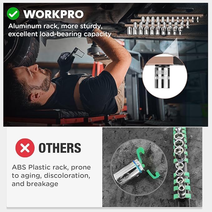 WORKPRO Magnetic Socket Organizer, Heavy Duty 3/8-Inch Drive Socket Rail | 1 Piece Socket Holder with 10 Spots, Aluminum Alloy, Rotatable & Movable Clips, Efficient Organization