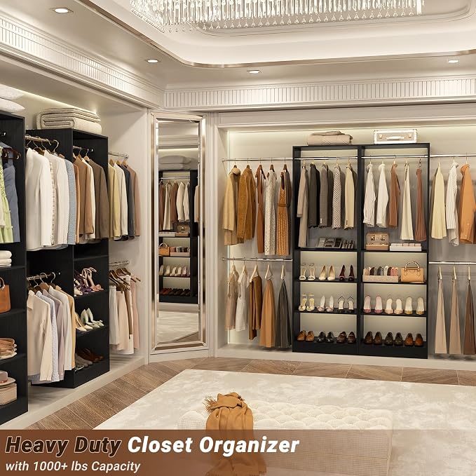 Closet System, 4.5-11.5 Ft Expandable Closet Organizer, Black | 5 Hanging Rods, Walk-in Wood Closet Organizer System with Storage Tower, Heavy Duty Garment Rack Wardrobe for Bedroom