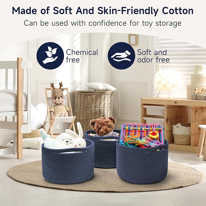 3 Pack Small Rope Storage Baskets, 9.82×9.82×7.1", Navy Blue | Cotton Basket for Gifts Empty, Cute Round Woven Basket, Decorative Shelf Basket Organizer, Organizing Basket for Shelves