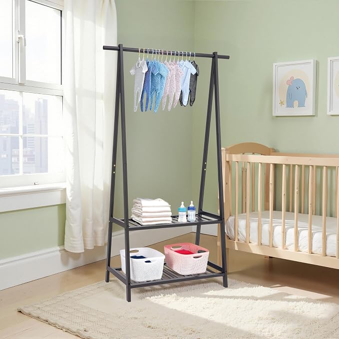 Finnhomy Bamboo Clothes Rack Portable Extra Large Garment Rack 2-Tire Storage Box Shelves For Entryway and Bed Room Patented Design (Black)
