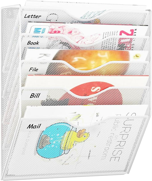 5 Pockets Hanging Wall File Organizer Mail Holder, Wall Mounted Paper Document Folder Holder, Clipboard Storage Organization Magazine Rack, White