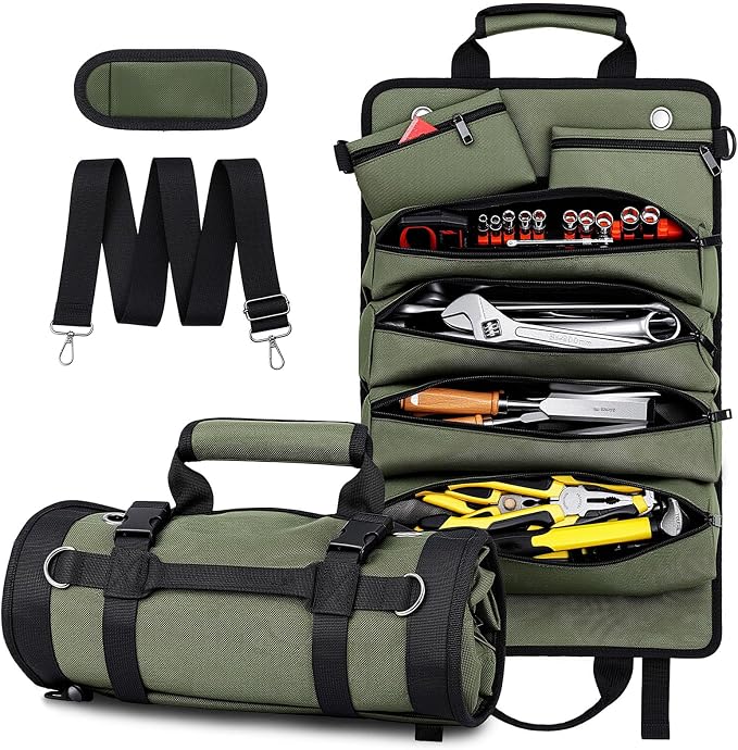 Tool Roll Up Bag, 1680D Heavy Duty Tool Bag Organizer with 2 Detachable Tool Pouches & Multiple Pockets, Waterproof Motorcycle Tool Roll for Mechanic & Electrician, Gift for Men Him Dad, 21.9"*13.8"