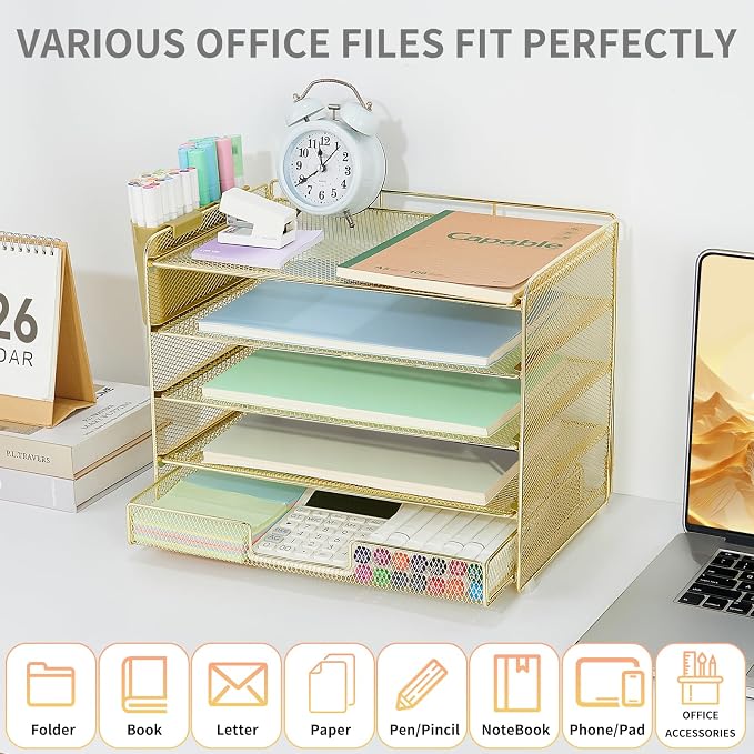 LEKETREE Desk Organizers and Accessories, 5-Tier Paper Letter Tray Organizer with Drawer & 2 Pen Holders, Desktop Organizer for Office Supplies (Gold)