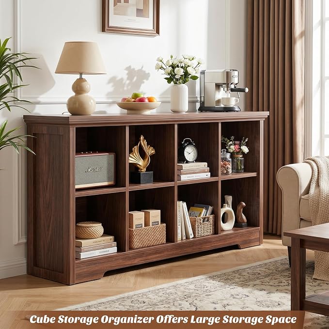 Aheaplus Wooden 8-Cube Storage Organizer with Charging Ports, Modern Cube Bookcase with Base, 3-Tier Floor Standing Open Cubbies Bookshelf, Cubicle Display Shelf for Home and Office, Black Walnut