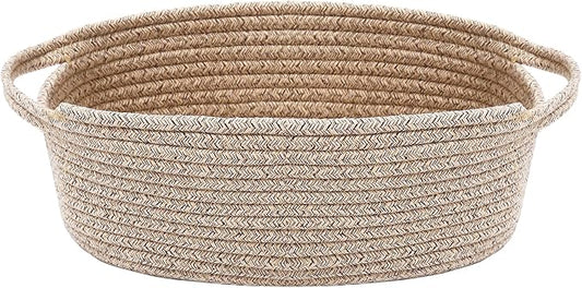 JMvicyroam Small Woven Basket, Empty Gift Basket, Oatmeal/1 Pack | Small Gift Basket, Cotton Rope, 12 x 8 x 12 in, Handles, Includes Ribbon and Bag, Birthday Gift Basket