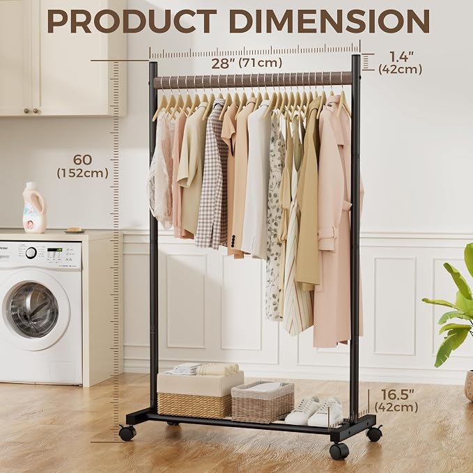 Black Clothing Rack for Hanging Clothes, Portable Rolling Clothes Rack with Wheels, Heavy-Duty Metal Garment Racks with Bottom Shelf, Large Load Capacity & Easy Assembly