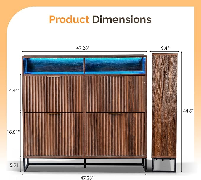 VINGLI Walnut Fluted Shoe Cabinet for Entryway, Narrow Hidden Shoe Storage Organizer with 4 Flip Drawers & 16-Color LED Lights, Mid Century Modern Slim Freestanding Shoe Rack with Cubby