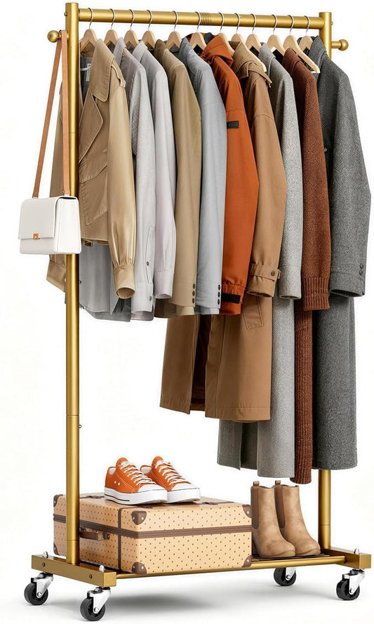 MISSLO Heavy Duty Clothes Racks for Hanging Clothes 25mm Metal Gold Clothing Rack with Shelves for Storage Rolling Garment Rack with Wheels for Bedroom, Laundry, Gold, 28" x 15.5" x 60"