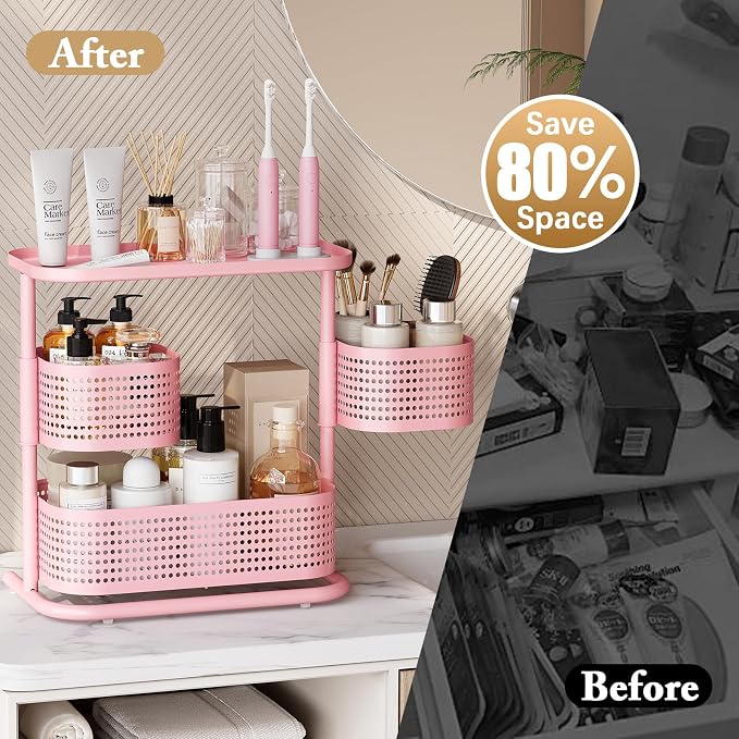 KINGRACK Metal Bathroom Counter Organizer，Rotating Countertop Storage Shelf | 3 Tier, Makeup Tray for Vanity, Perfume & Skincare, Standing Shelf for Bathroom Counter Storage, Pink