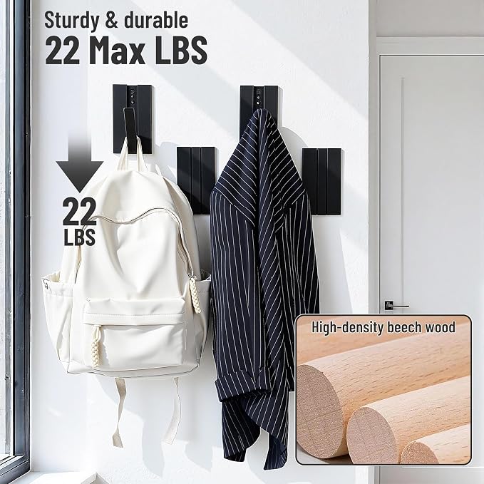 Wood Wall Hooks for Entryway: 4Pack Folding Black Modern Coat Hooks | Heavy Duty Hanger for Hanging Towels Backpack Bags Jackets - Space Saving Minimalist Design for Aesthetic Homeowners