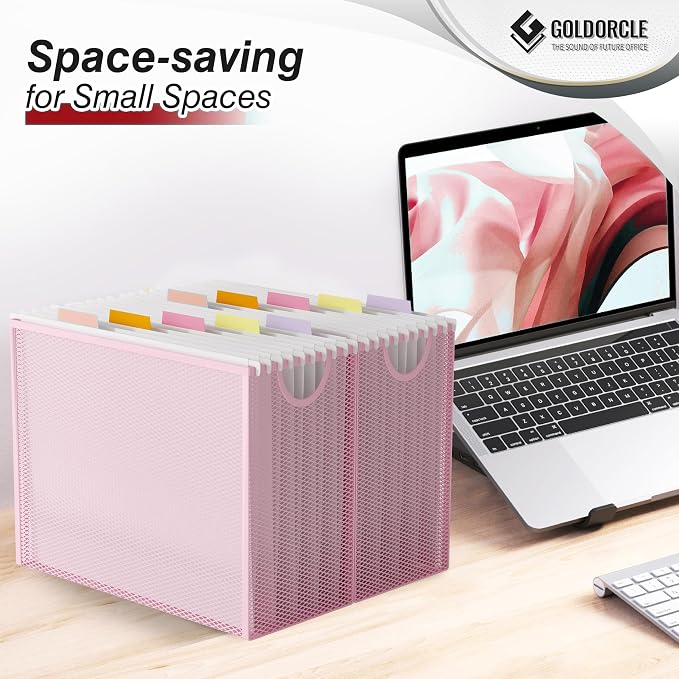 Letter-Size Hanging File Organizer (Pink, with 5 Grey Folders) | File Holder Filing Box for Desk, Metal Mesh Desk File Folder Storage for Office(No Assembly Required)