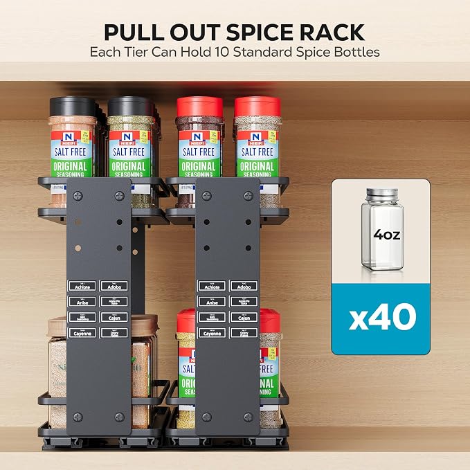 Nieifi Pull Out Spice Rack Organizer, 2 Tiers, Black | Spice Organization for Cabinet, Height Adjustable, Easy to Install