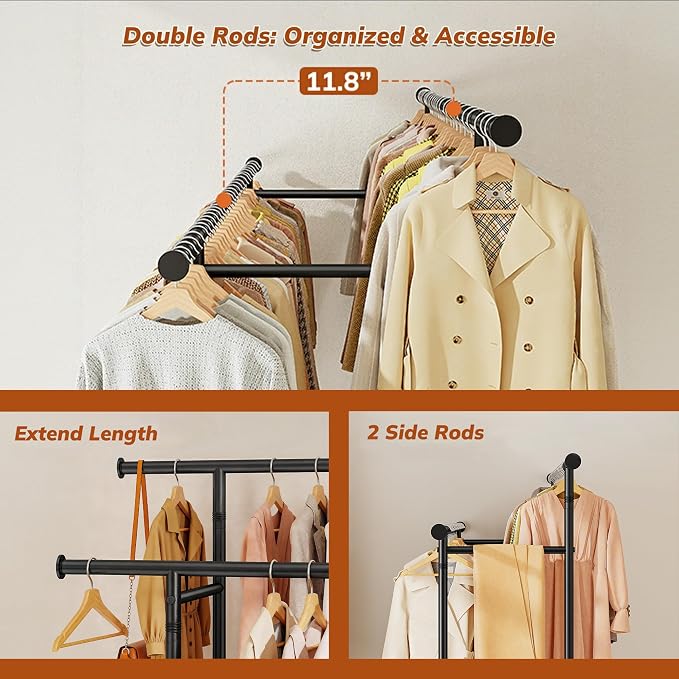 Clothes Rack 210 LBS Double Rods Extra Storage Basket | Rustproof Coated Steel, Anti-bending Design, 360° Sturdy Wheels, 10-Min Tool-Free Assembly, Metal Garment Rack for Home