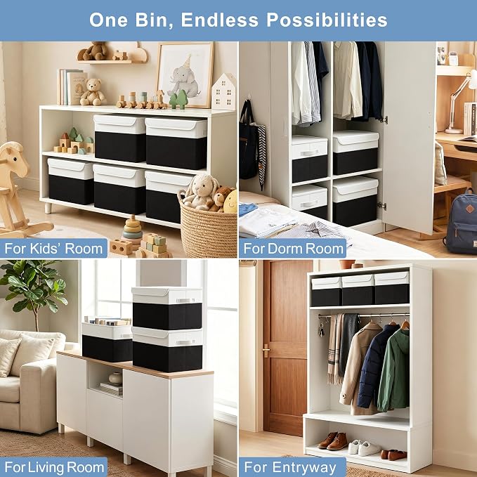 Large 17" 42 Quarts Collapsible Stackable Storage Bins with Lids [3-Pack] Foldable Fabric Linen Storage Boxes Cube, Closet Organizer Baskets with Label for Home (16.7 x 12 x 12", Black & White)