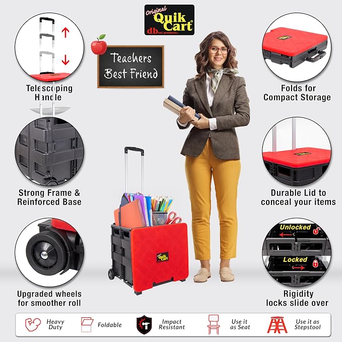 dbest products Quik Cart Collapsible Rolling Crate on Wheels for Teachers Tote Basket 80 lbs Capacity, Made from Heavy Duty Plastic and used as a Seat, Standard, Red | with Wheels, Roll Up to 80 lbs Capacity, Heavy Duty Plastic Construction, Telescopin...