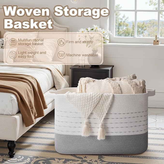 OIAHOMY 108L Extra Large Blanket Basket, 25”x16”x16” Rectangle Woven Cotton Rope Baskets for Living Room, Toy Storage with Handle- Gradient Grey
