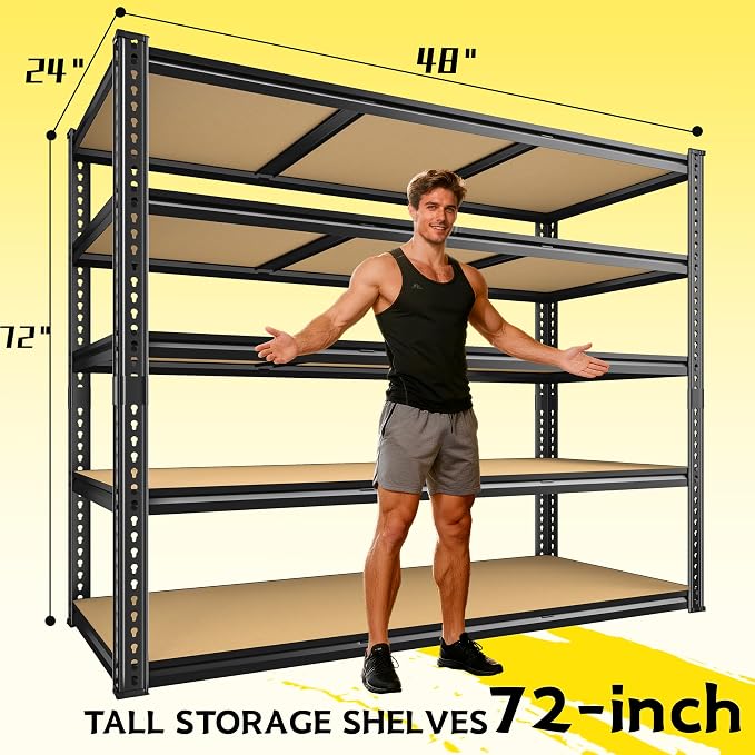 48" W Garage Shelving Heavy Duty 3080LBS Garage Storage Shelving, 5 Tier Adjustable Metal Shelving Unit Utility Rack Shelf for Warehouse, Pantry, Closet, Kitchen 72" H x 48" W x 24" D, Black,2PCS