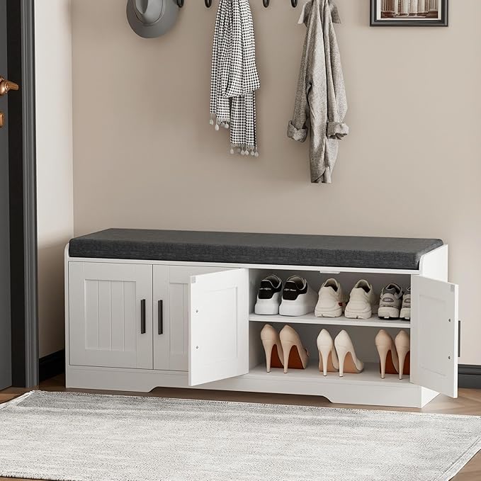 Homleke Shoe Storage Bench, 4 Doors & Thickened Padded Seat Cushion | 2-Tier Shoe Bench, Entryway Bench, Adjustable Shelf, 13.8" D x 45.3" W x 18.5" H, for Living Room, Bedroom, White