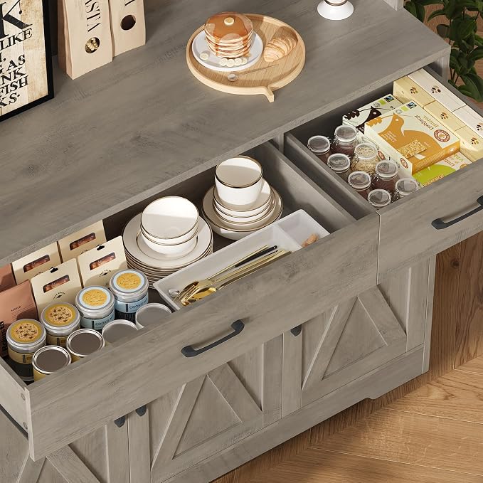 HOSTACK 71" H Kitchen Pantry Storage Cabinet, Farmhouse Hutch Cabinet, Grey | Space-Saving Pantry Cabinet with Charging Station & 2 Large Drawers & Adjustable Shelves, Tall Kitchen Hutch for Dining Room