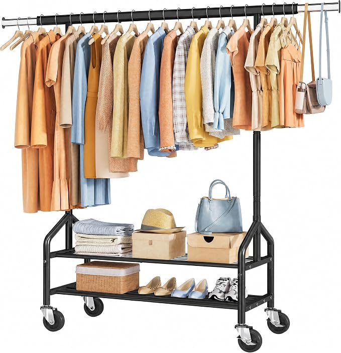 Clothing Rack with 2 Shelves, Metal Heavy Duty Load 350 LBS, Black | Adjustable Clothes Rack, Extendable Garment Rack for Hanging Clothes, Rolling Rack for Bedroom, Laundry Room, Clothes Store