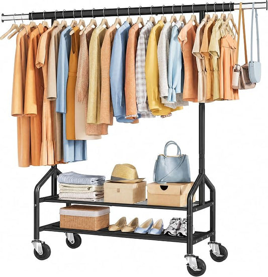 Clothing Rack with 2 Shelves, Metal Heavy Duty Load 350 LBS, Black | Adjustable Clothes Rack, Extendable Garment Rack for Hanging Clothes, Rolling Rack for Bedroom, Laundry Room, Clothes Store