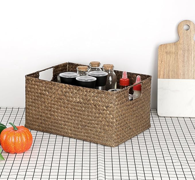 Hipiwe Wicker Storage Baskets Bin for Shelf Rectangular Seagrass Basket | Handwoven Opened Baskets Bin with Handle, Decorative Basket Box for Closet Bedroom Organizer