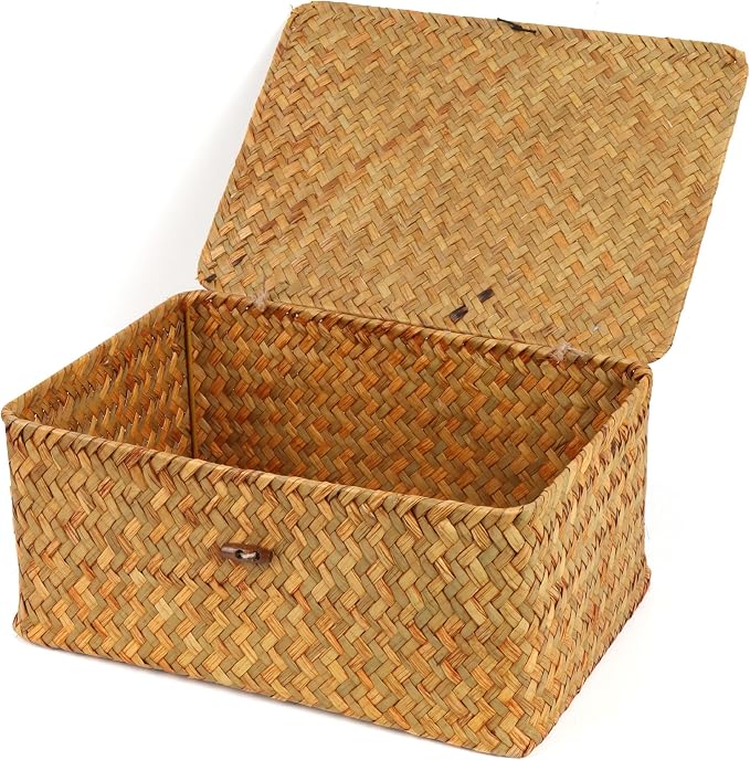 FEIALNDUO Wicker Shelf Baskets with Lid,Seagrass Storage Basket Bins Rectangular Handwoven Basket Boxes for Shelves Desktop Home Organizer (Natural, Large)