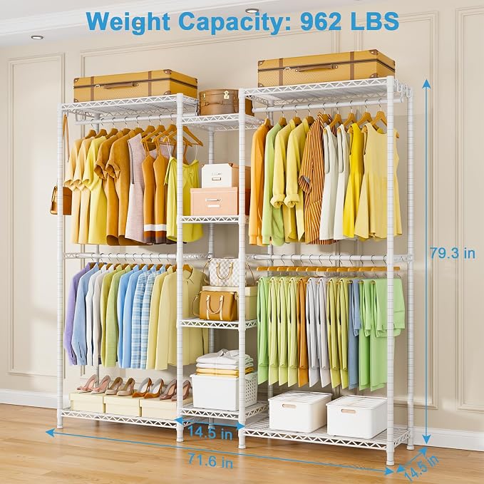 Ulif E4 Clothes Rack, Heavy-Duty Garment Rack, Metal Freestanding Clothing Organization Storage System Can Be L-shaped with Shelves and Hangers, Max Load 962lbs, 71.6" W x 14.5" D x 79.3" H, White | Metal Freestanding Clothing Organization Storage Syst...