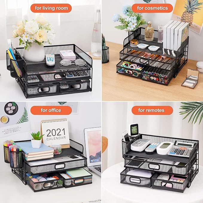 Marbrasse 3 Tier Desk Organizer with Drawer and 2 Pen Holder, Black | Paper Tray Organizer, File Holder for Desk, Metal Mesh Office Organization for Home Office Supplies
