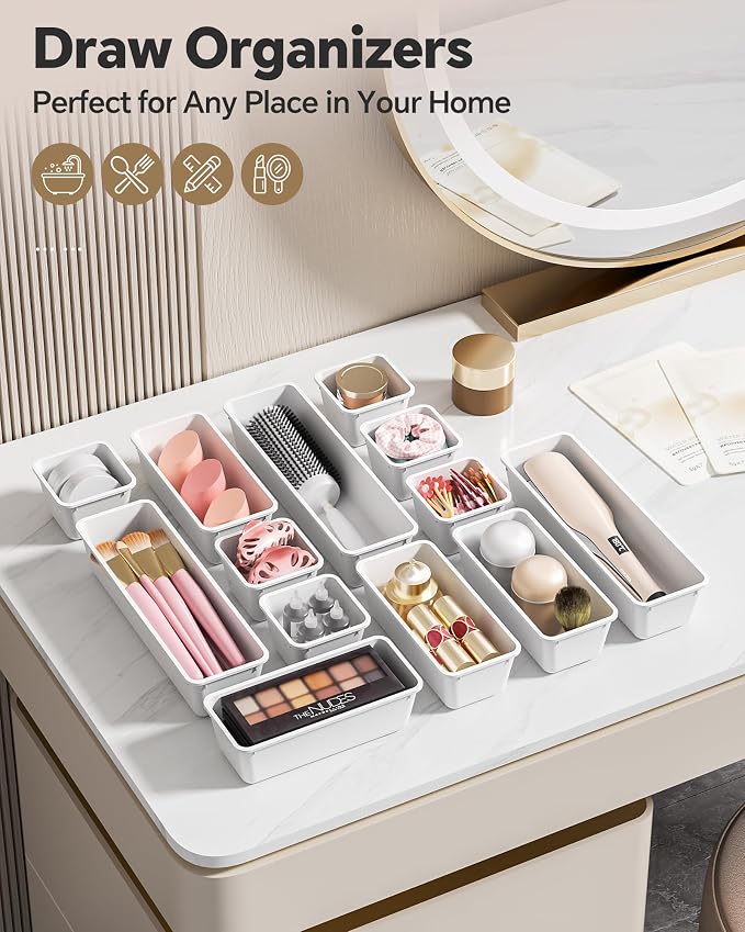 Canfanni 13 Pack Plastic Drawer Organizers Set, 3 Sizes Desk Drawer Organizer Trays for Vanity and Makeup Organizer, Organization and Storage for Makeup, Kitchen Utensils, Bathroom and Office(White)