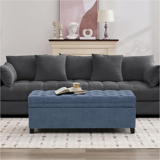 51" Storage Ottoman for Bedroom & Living Room, End of Bed Bench with Black Wooden Legs, Linen Upholstered Tufted Ottoman, Entryway Storage Bench, Dark Blue