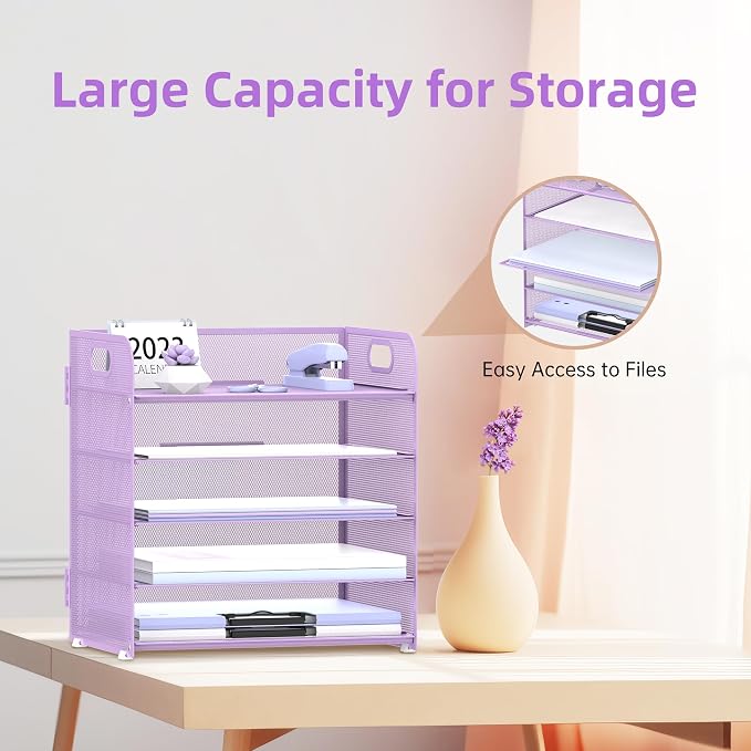 Supeasy 5 Trays Paper Organizer Letter Tray with Handle-Mesh Desk File Holders, Paper Sorter Desk Organizer for Office, Home, Classeoom or School, Purple