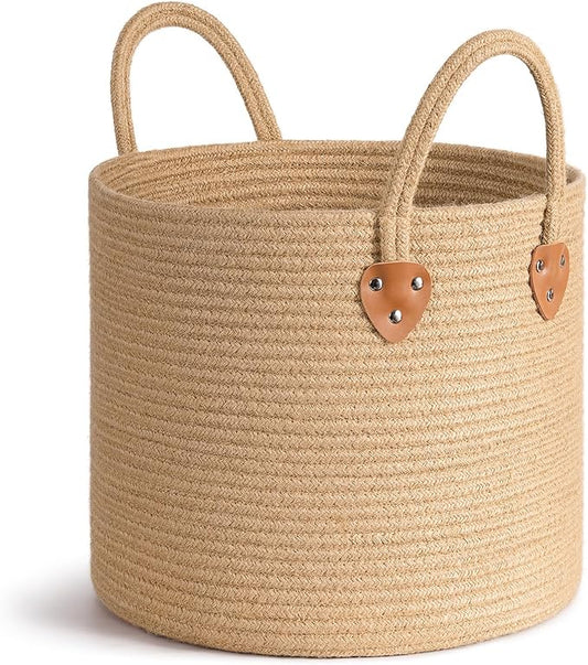 CHICVITA Jute Wicker Storage Basket with Leather Handles, 14" x 12"，Jute | Natural Woven Basket, Baby Hamper for Nursery Living Room & Bedroom Organization, Holds Blankets, Towels, Toys & Shoes