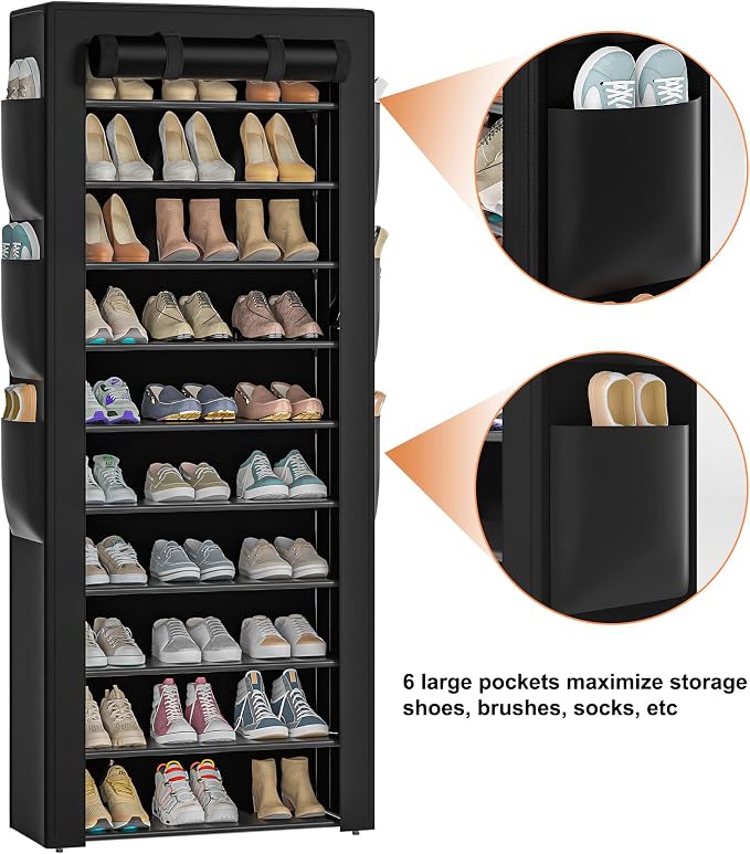 OYREL Large Shoe Rack, Black, 6 Side Pockets, 23.6" Wide x 11.4" Deep x 68.9" Tall, 36-41 Pairs of Shoes | Space Saving Fabric Cover Shoe Organizer Shelf for Closet, Bedroom, Garage, Entryway, Narrow Free Standing Cabinet Holder