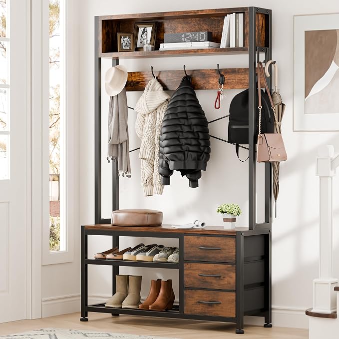 Hall Tree with Bench and 3 Drawers Storage, 31.5" Coat Rack Freestanding | Rustic Brown, 6-in-1, Top Cubby, 12 Coat Hooks, Adjustable Shoe Rack, Sturdy Metal Frame, Entryway Organizer