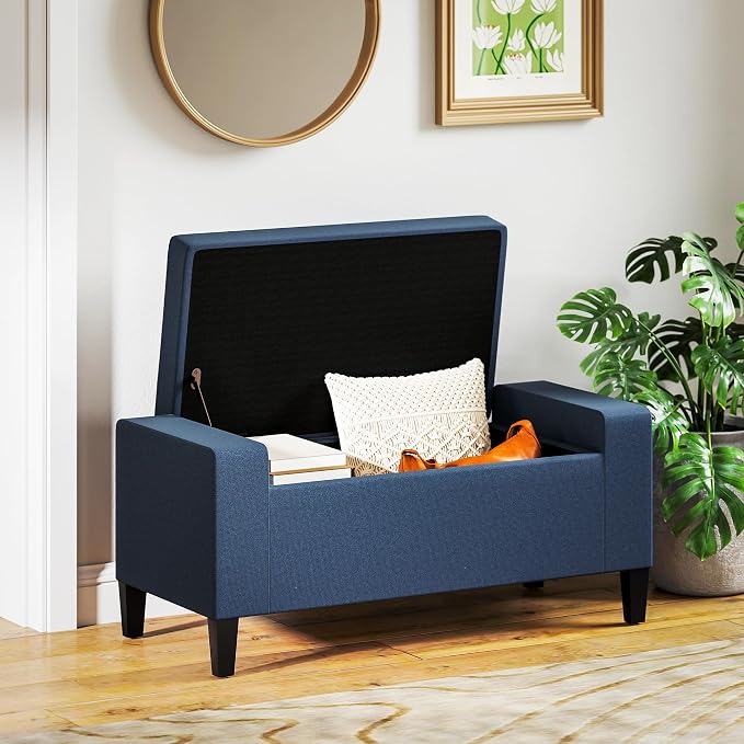 HOMCOM 36" Ottoman with Storage, Lift Top Rubberwood Legs 330 lb Dark Blue | Storage Ottoman Bench, Linen Upholstered Entryway Seat, Living Room, Bedroom
